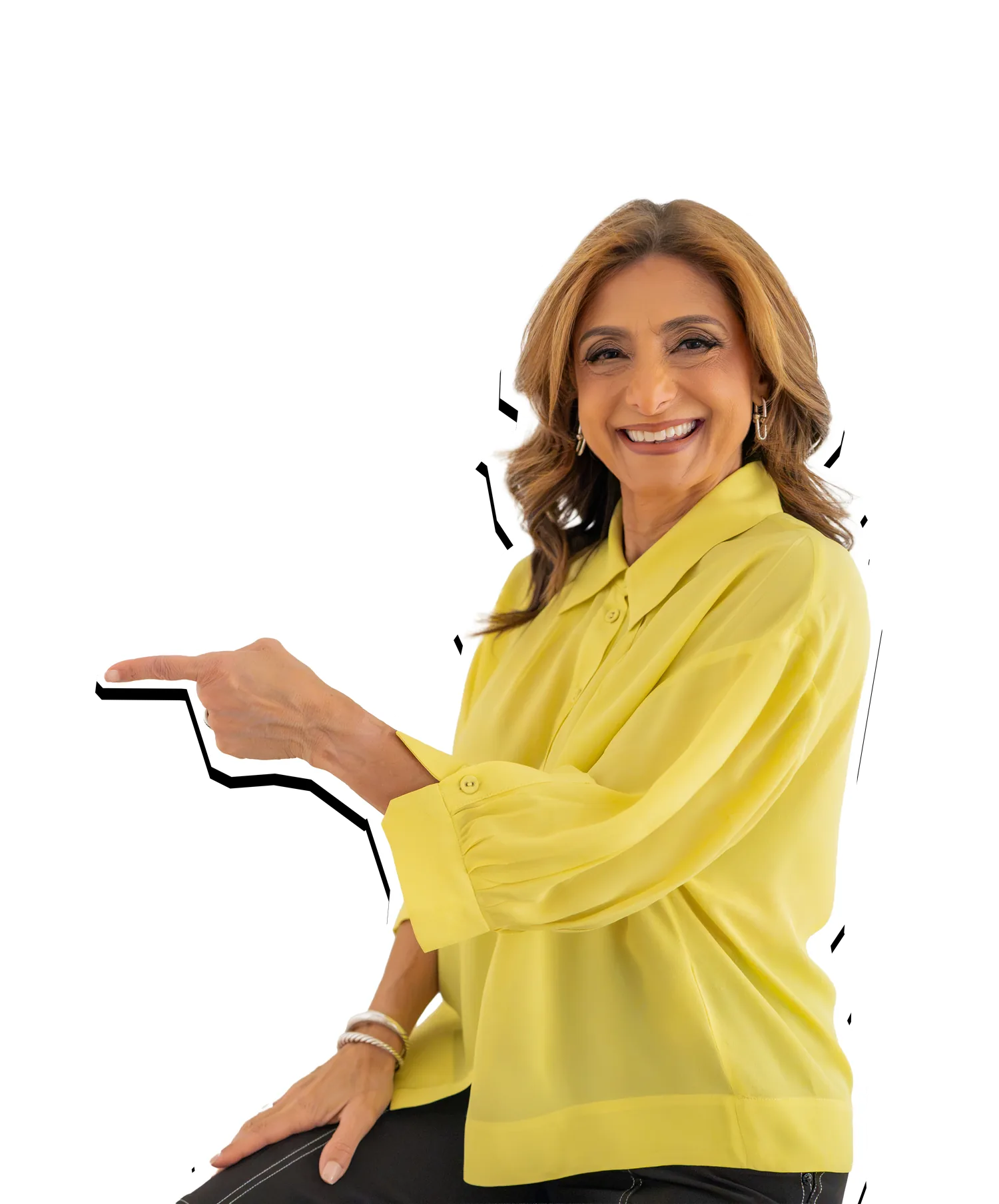 Suzi Dafnis, founder of HerBusiness, in a bright yellow shirt, pointing